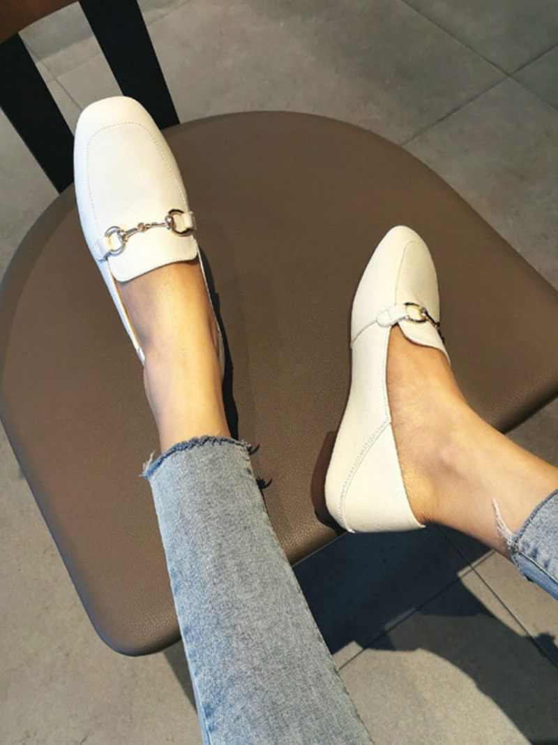 Mocassins Cuir Pu À Talons Épais Pour Femmes - Blanc