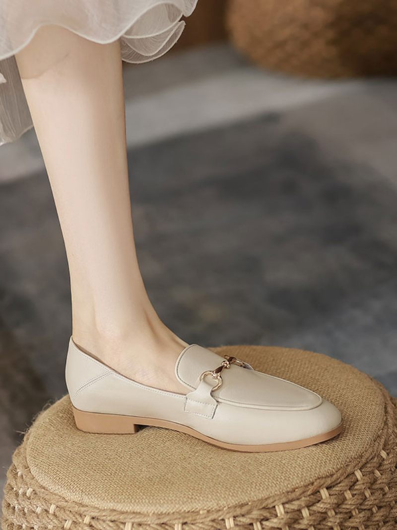 Mocassins Cuir Pu À Talons Épais Pour Femmes - Beige