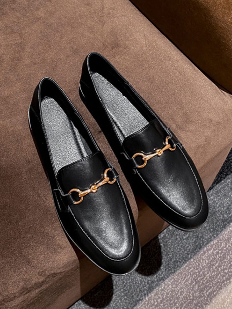 Mocassins Cuir Pu À Talons Épais Pour Femmes - Noir