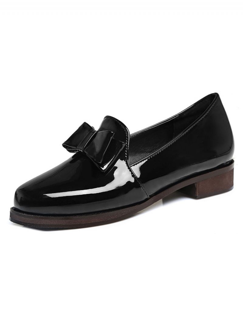 Mocassins Femme Cuir Verni Avec Nœud - Noir