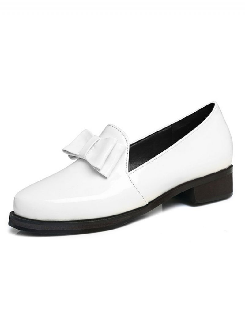 Mocassins Femme Cuir Verni Avec Nœud - Blanc