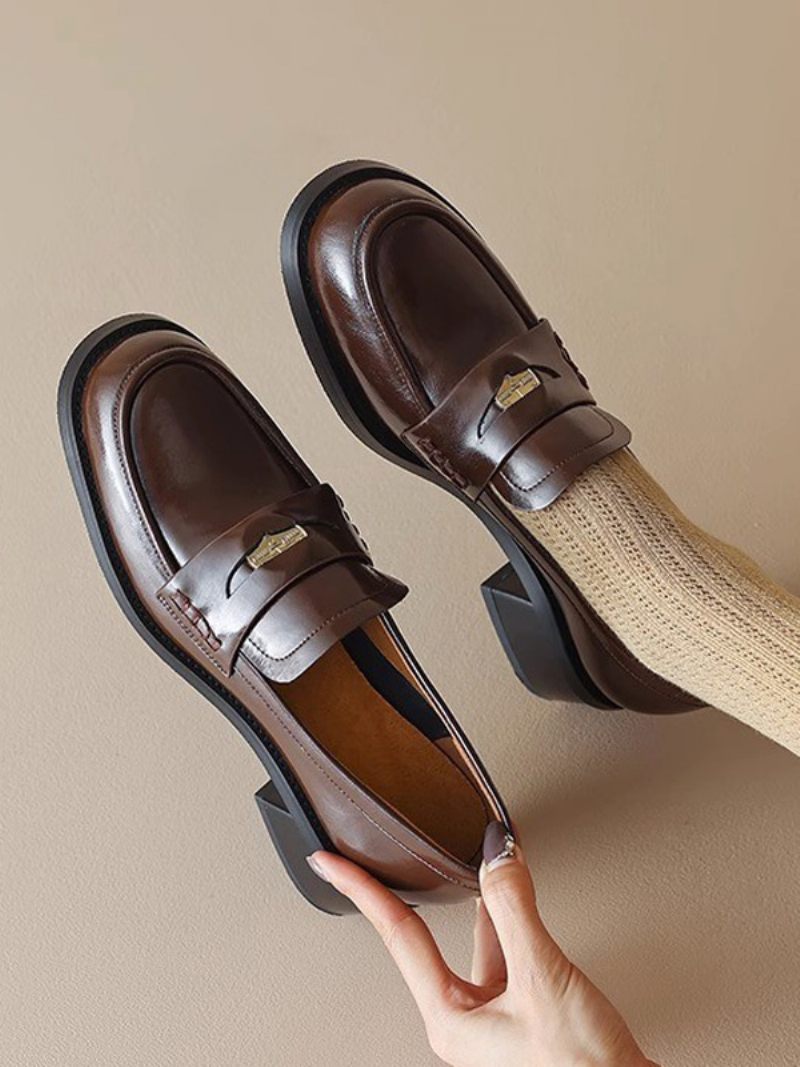 Mocassins Marron Pour Femmes Bout Rond Penny À Enfiler