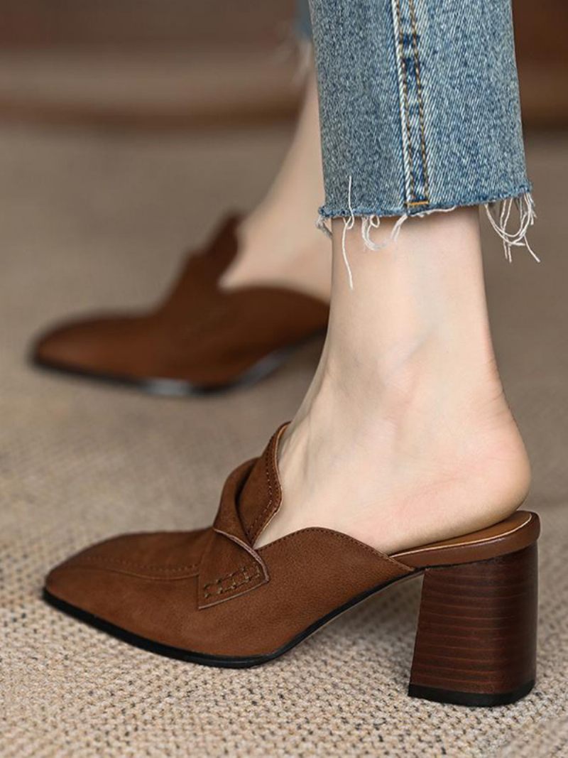 Mocassins Mules Pour Femmes Talon Épais Bout Carré Dos Nu - Marron Café