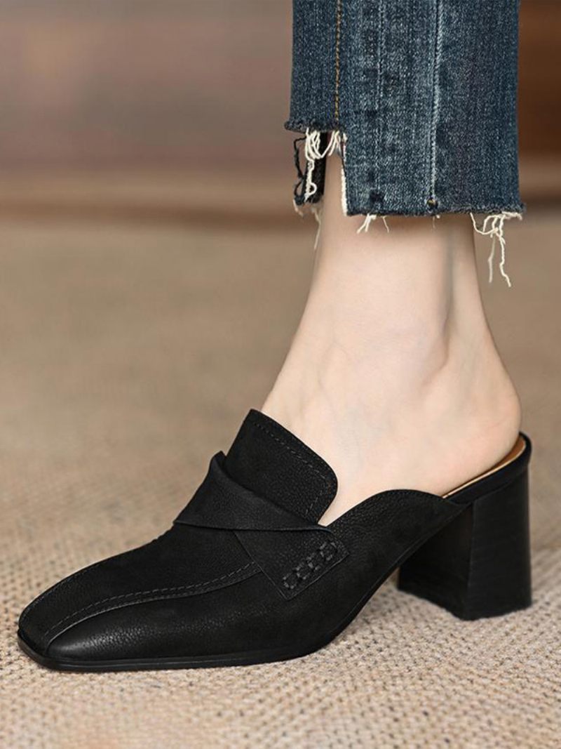 Mocassins Mules Pour Femmes Talon Épais Bout Carré Dos Nu - Noir