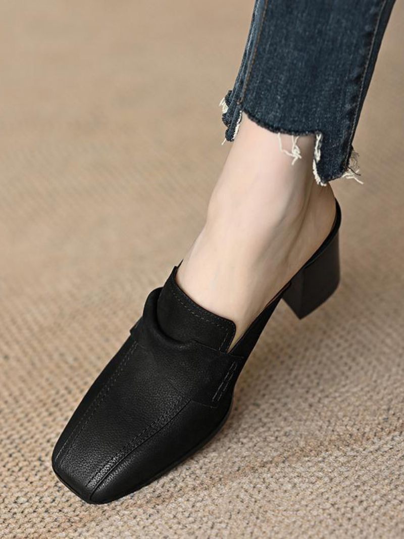 Mocassins Mules Pour Femmes Talon Épais Bout Carré Dos Nu - Noir