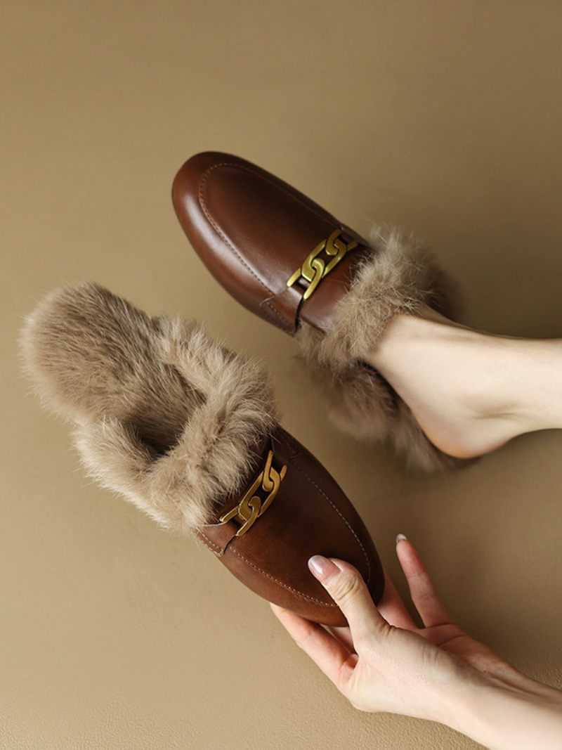 Mocassins Mules Marron Pour Femmes Chaussures D'hiver À Bout Rond - Marron Café