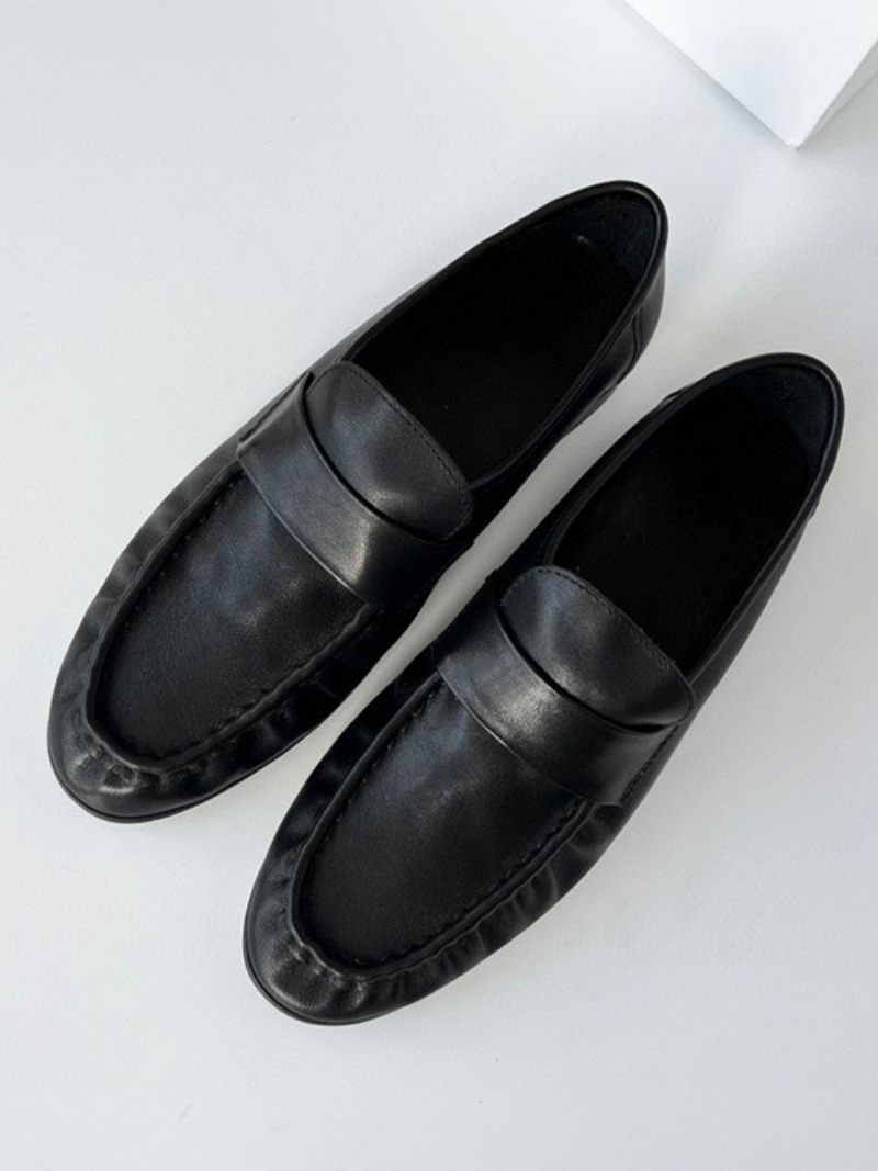 Mocassins Penny Blancs Pour Femmes Chaussures Plates À Enfiler Bout Rond - Noir