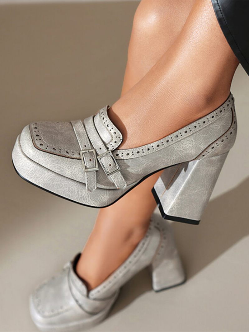 Mocassins À Talon Épais Avec Boucle Pour Femme Cuir Pu - Gris Clair