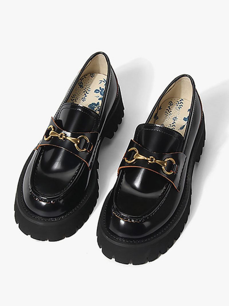 Mocassins À Talons Épais Cuir Pu Noir Pour Femmes - Noir