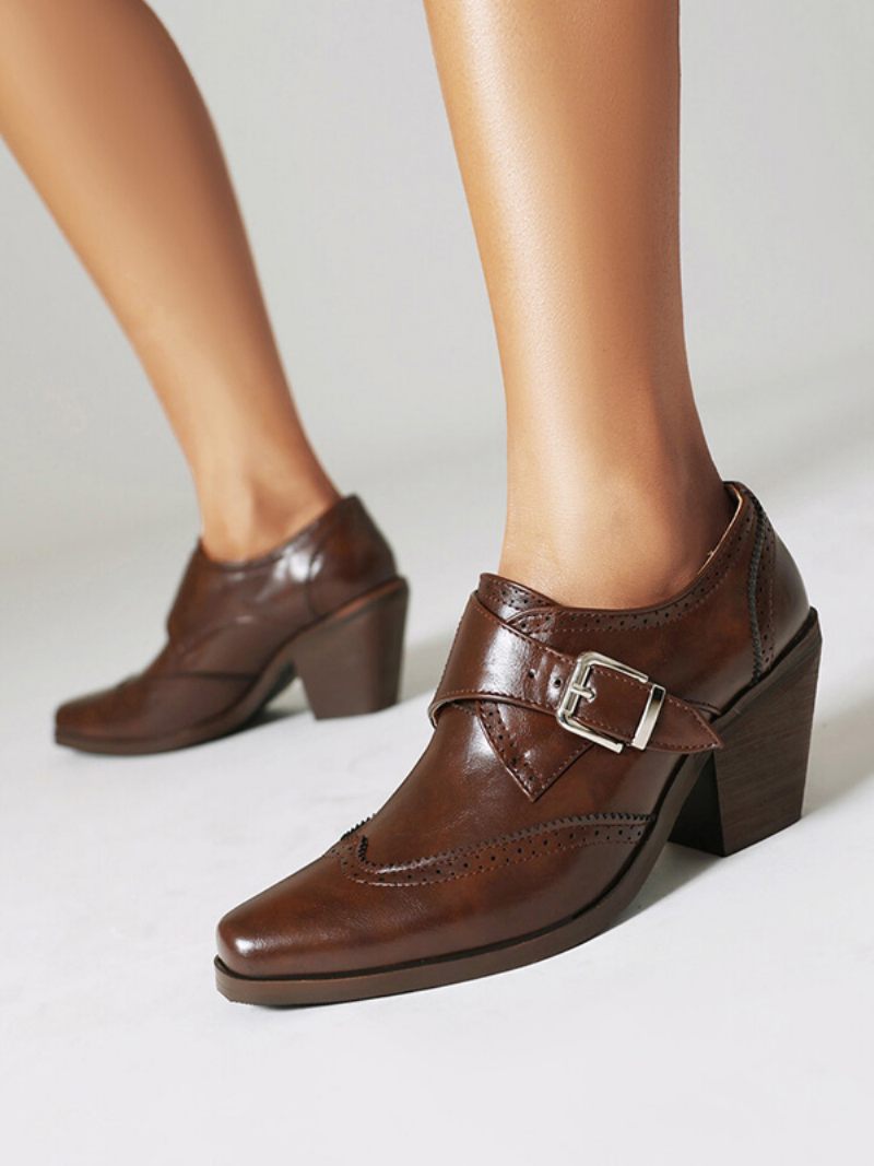 Oxfords Cuir Pu À Bout Carré Et Talon Épais Pour Femmes - Marron Café