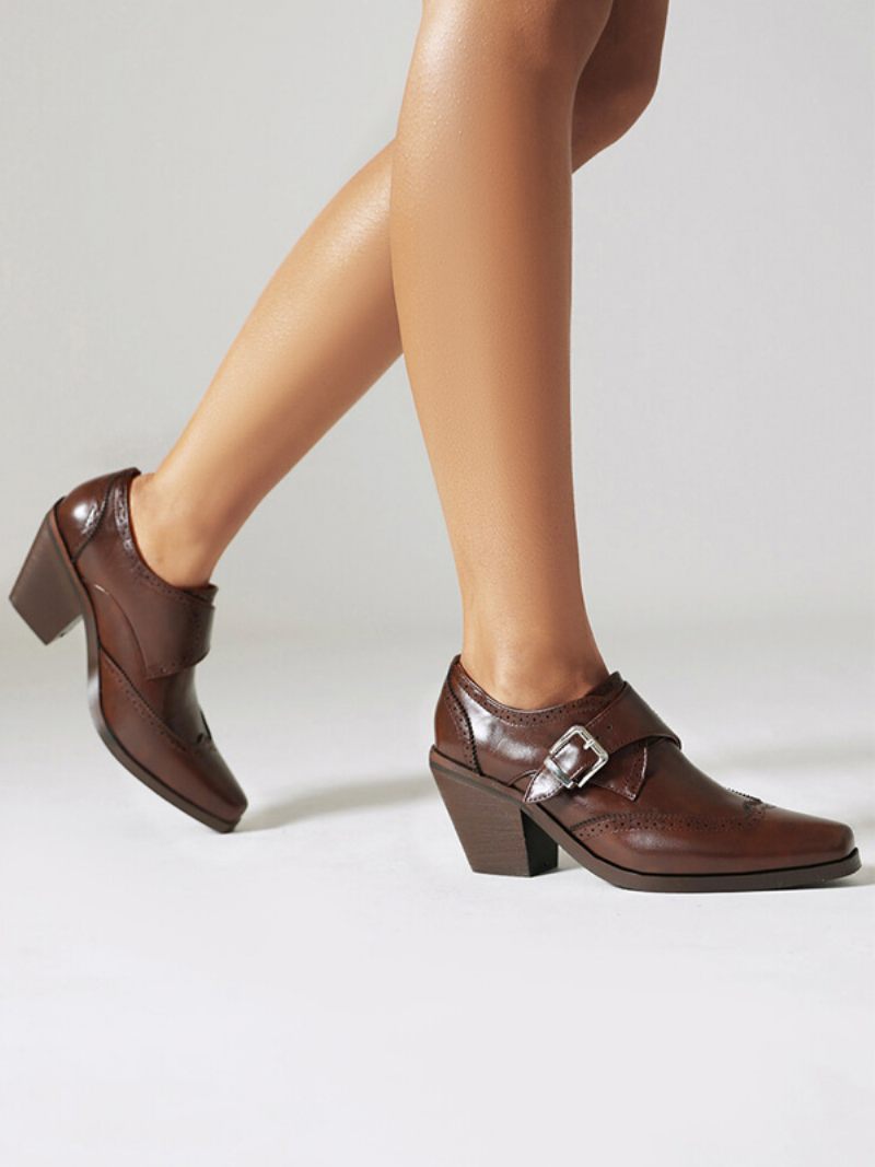 Oxfords Cuir Pu À Bout Carré Et Talon Épais Pour Femmes - Marron Café