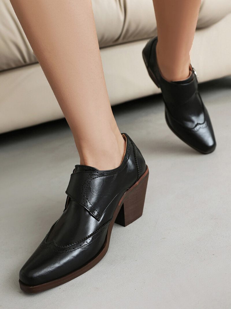 Oxfords Cuir Pu À Bout Carré Et Talon Épais Pour Femmes - Noir