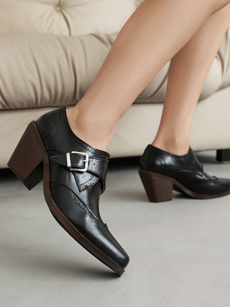 Oxfords Cuir Pu À Bout Carré Et Talon Épais Pour Femmes - Noir