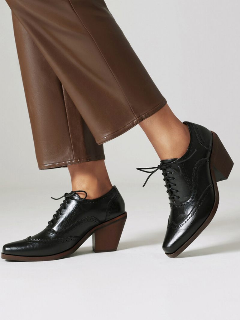 Oxfords Cuir Pu À Bout Carré Et Talon Épais Pour Femmes