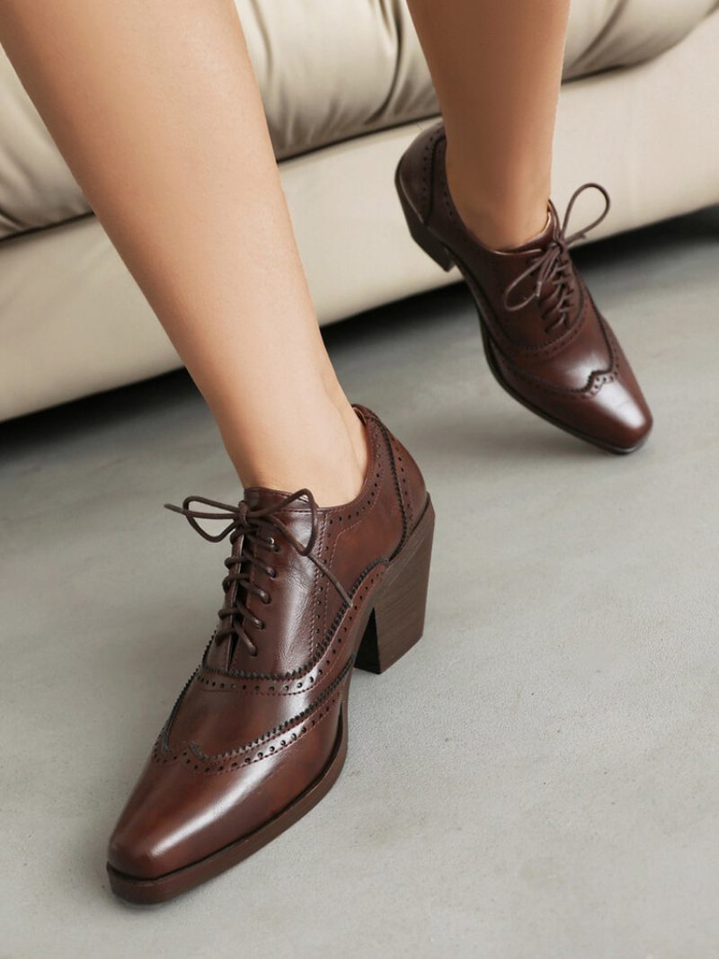 Oxfords Cuir Pu À Bout Carré Et Talon Épais Pour Femmes - Marron Café