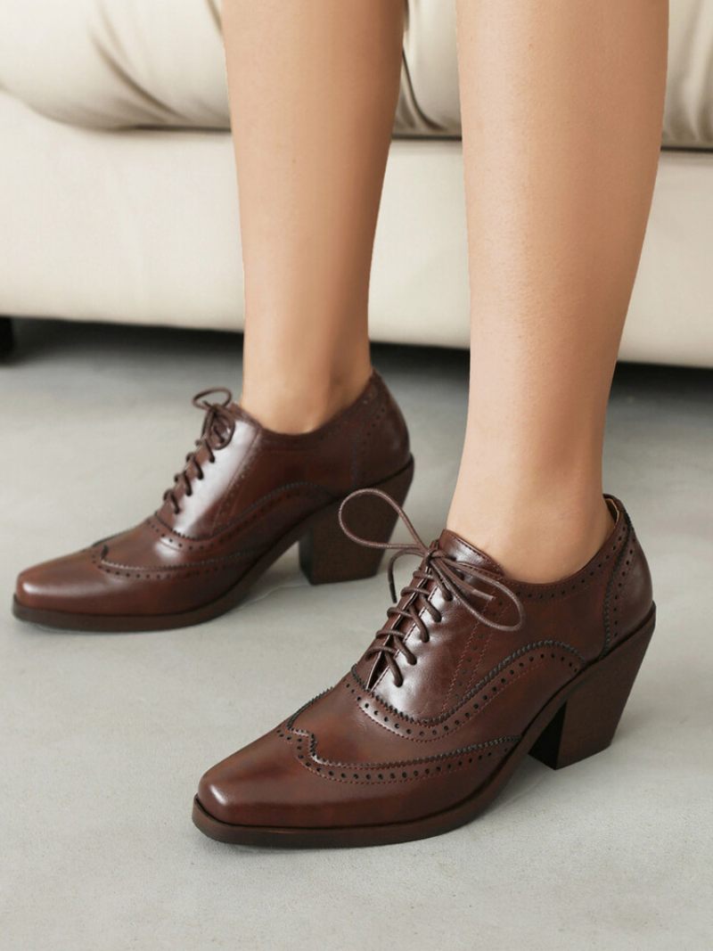 Oxfords Cuir Pu À Bout Carré Et Talon Épais Pour Femmes - Marron Café