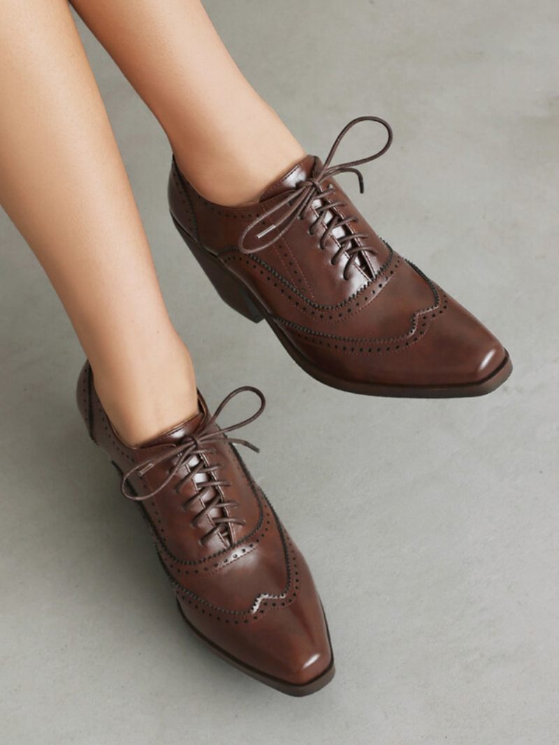 Oxfords Cuir Pu À Bout Carré Et Talon Épais Pour Femmes - Marron Café