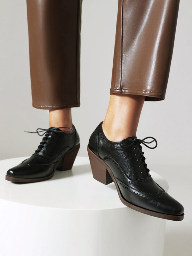 Oxfords Cuir Pu À Bout Carré Et Talon Épais Pour Femmes - Noir