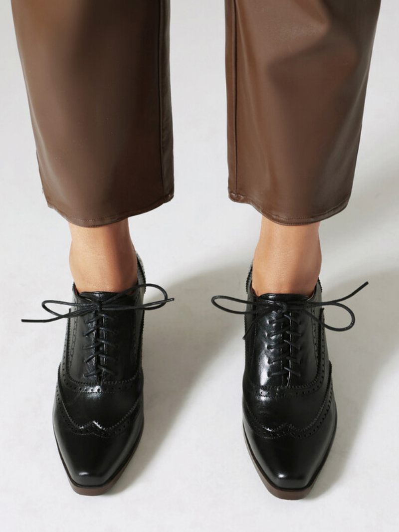 Oxfords Cuir Pu À Bout Carré Et Talon Épais Pour Femmes - Noir