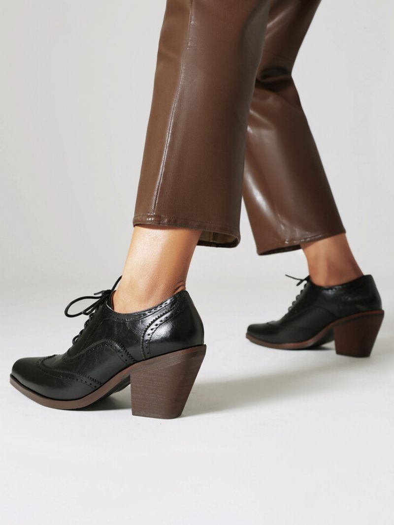 Oxfords Cuir Pu À Bout Carré Et Talon Épais Pour Femmes - Noir