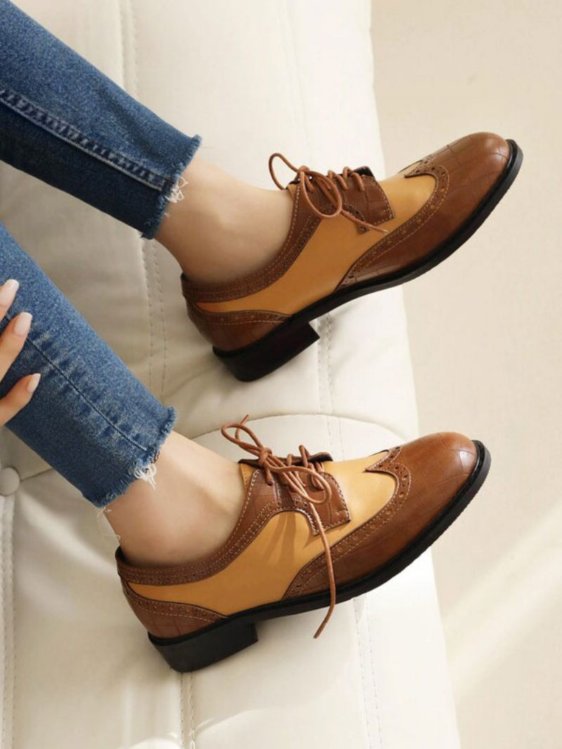 Oxfords Cuir Pu À Bout Rond Et Talon Chiot Pour Femmes - Marron Café