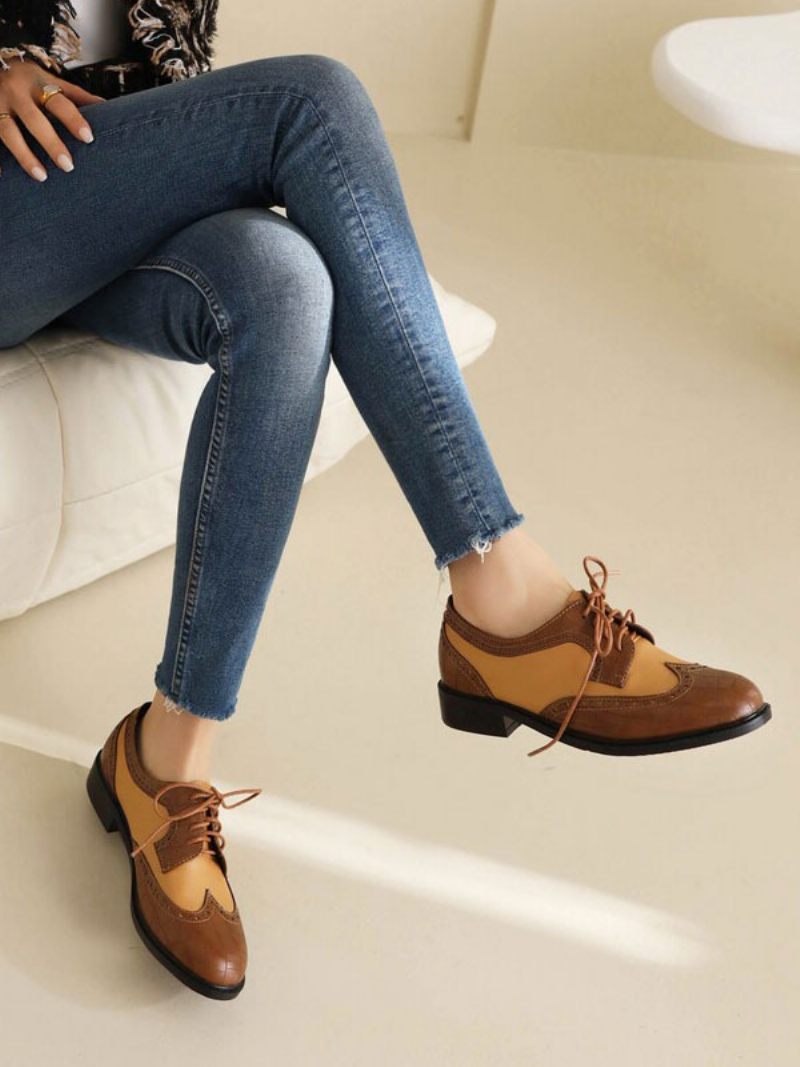 Oxfords Cuir Pu À Bout Rond Et Talon Chiot Pour Femmes - Marron Café