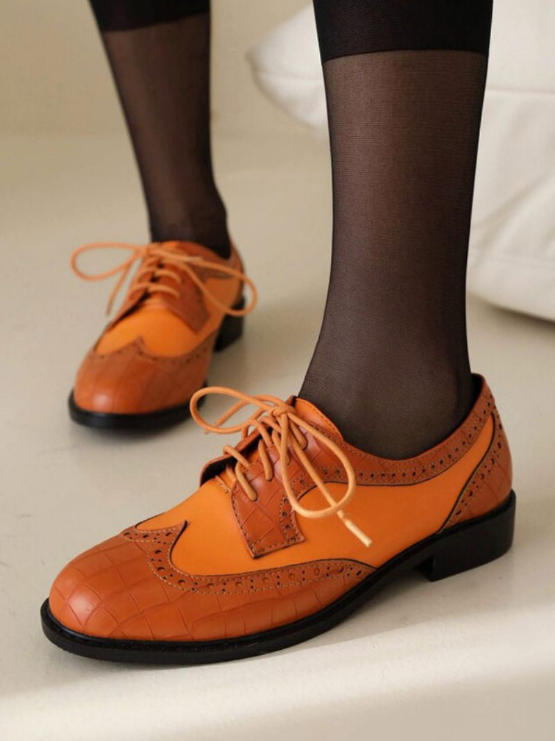 Oxfords Cuir Pu À Bout Rond Et Talon Chiot Pour Femmes - Orange