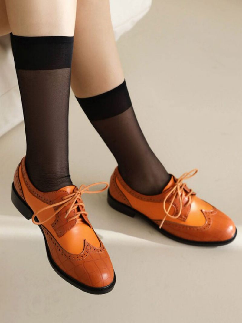 Oxfords Cuir Pu À Bout Rond Et Talon Chiot Pour Femmes - Orange