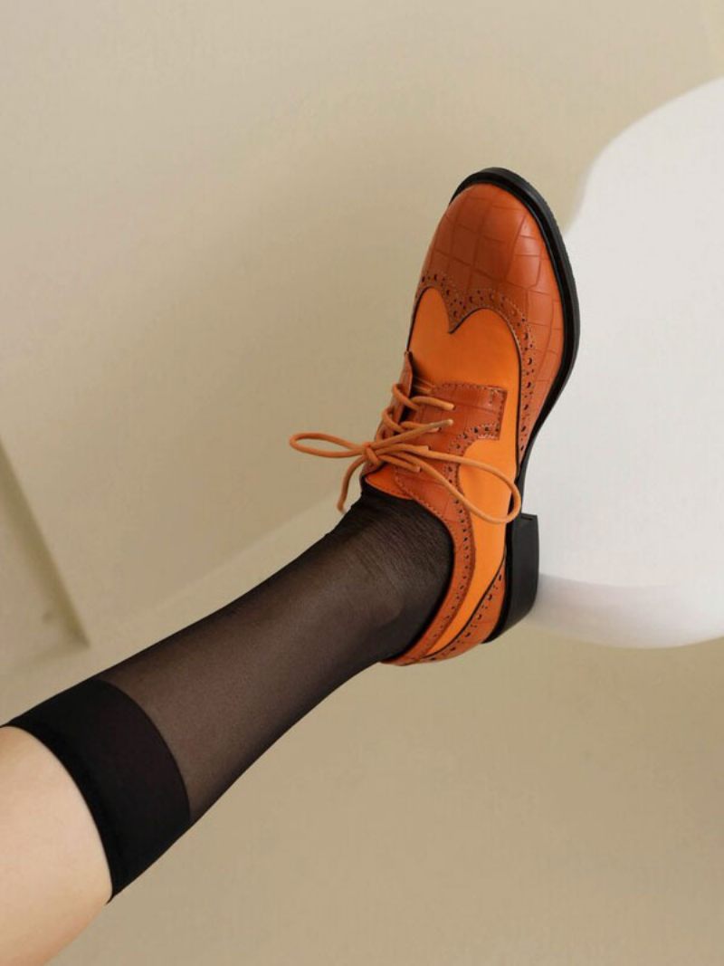 Oxfords Cuir Pu À Bout Rond Et Talon Chiot Pour Femmes - Orange