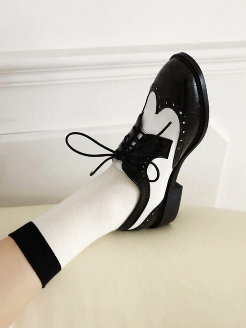 Oxfords Cuir Pu À Bout Rond Et Talon Chiot Pour Femmes - Noir