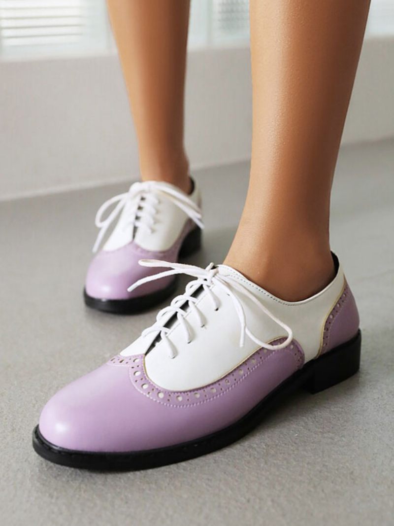 Oxfords Cuir Pu À Bout Rond Et Talon Chiot Pour Femmes - Lilas