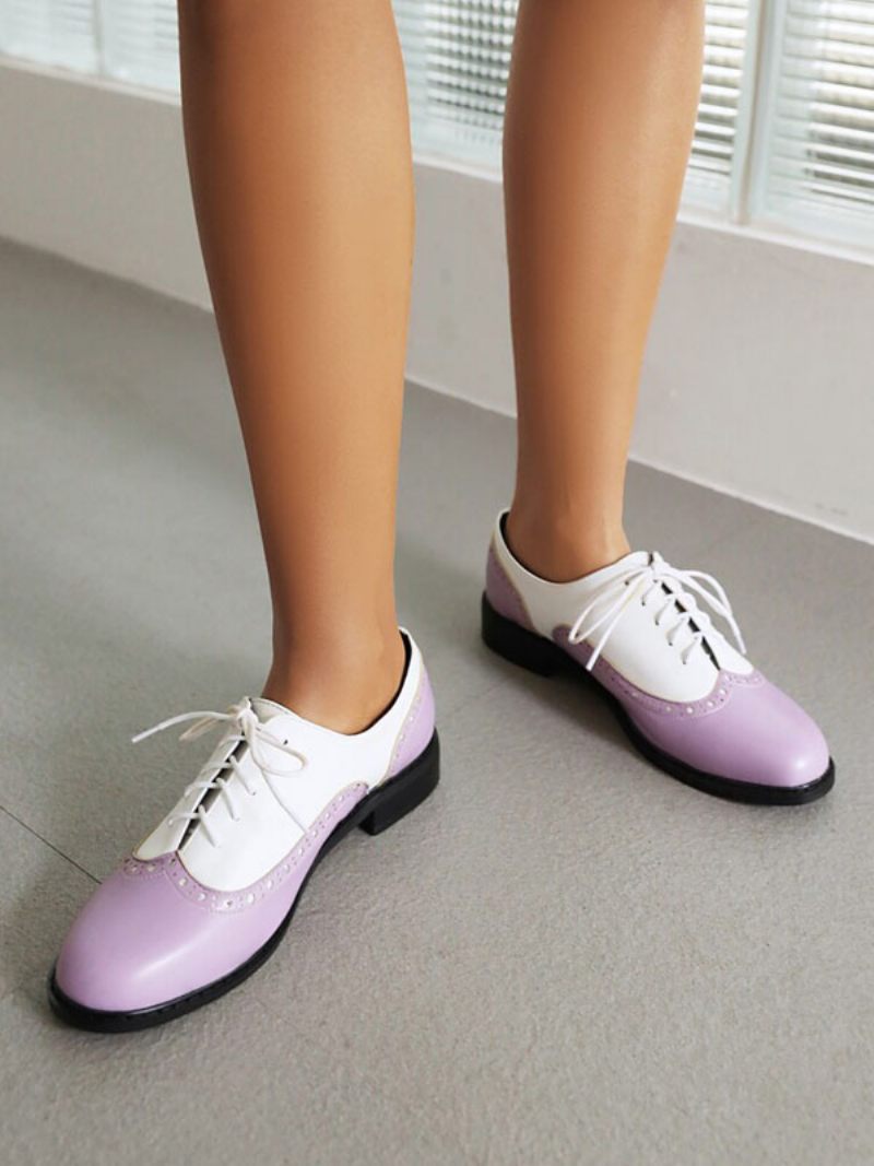 Oxfords Cuir Pu À Bout Rond Et Talon Chiot Pour Femmes - Lilas