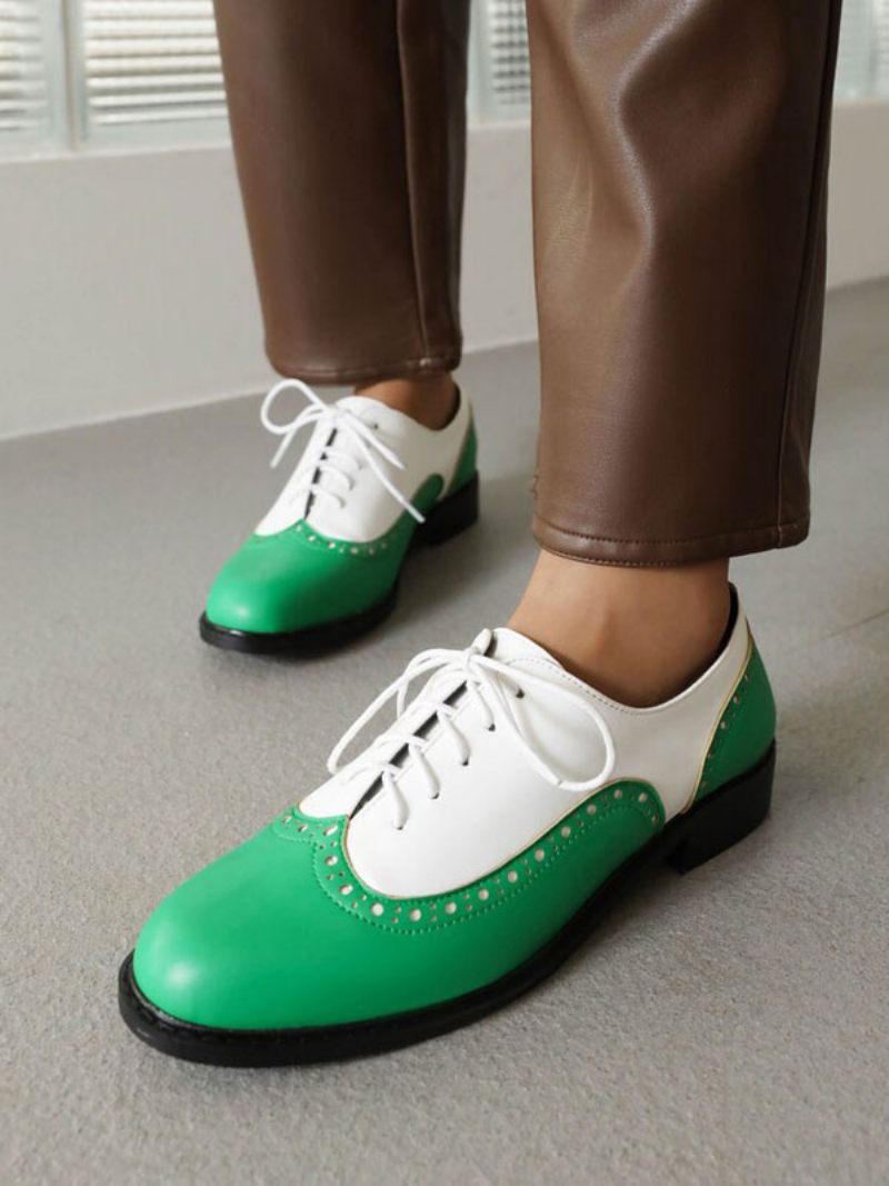 Oxfords Cuir Pu À Bout Rond Et Talon Chiot Pour Femmes - Vert