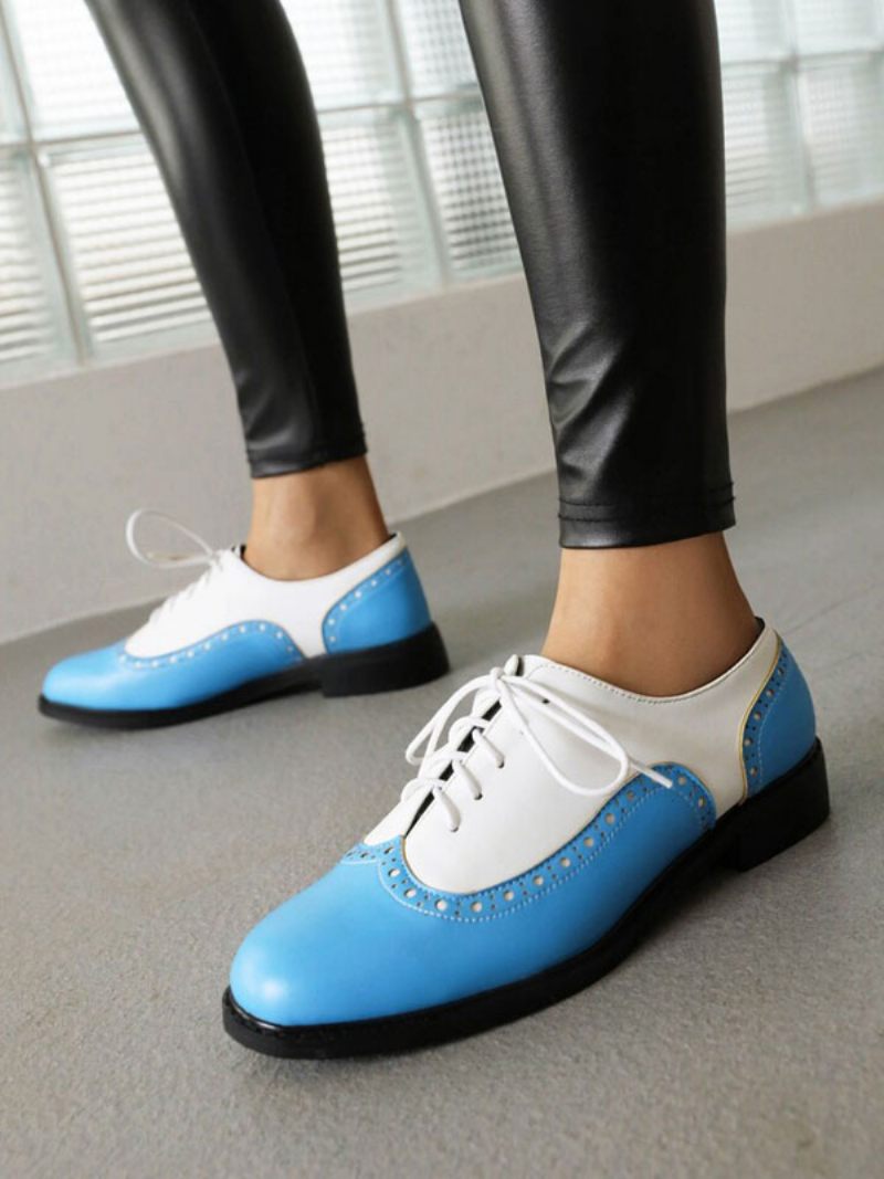 Oxfords Cuir Pu À Bout Rond Et Talon Chiot Pour Femmes - Bleu