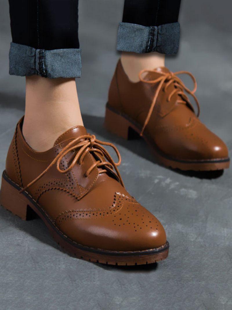 Oxfords À Lacets Brogue Wingtips Pour Femmes - Marron Café