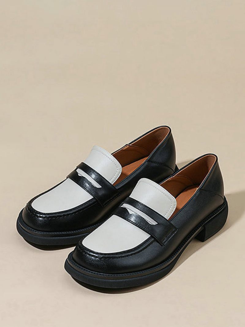 Penny Loafers Chaussures Plates À Bout Rond Pour Femmes - Noir