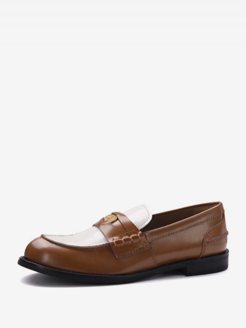 Penny Loafers Pour Femmes Chaussures Plates À Enfiler Bout Rond - Marron Café