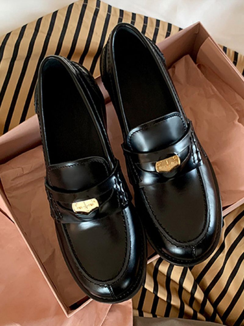 Penny Loafers Pour Femmes Chaussures Plates À Enfiler Bout Rond - Noir