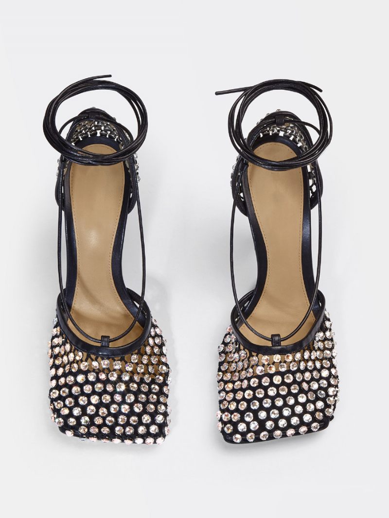 Sandales Plates Pour Femmes Avec Strass Chaussures Bal Fête À Lacets - Noir