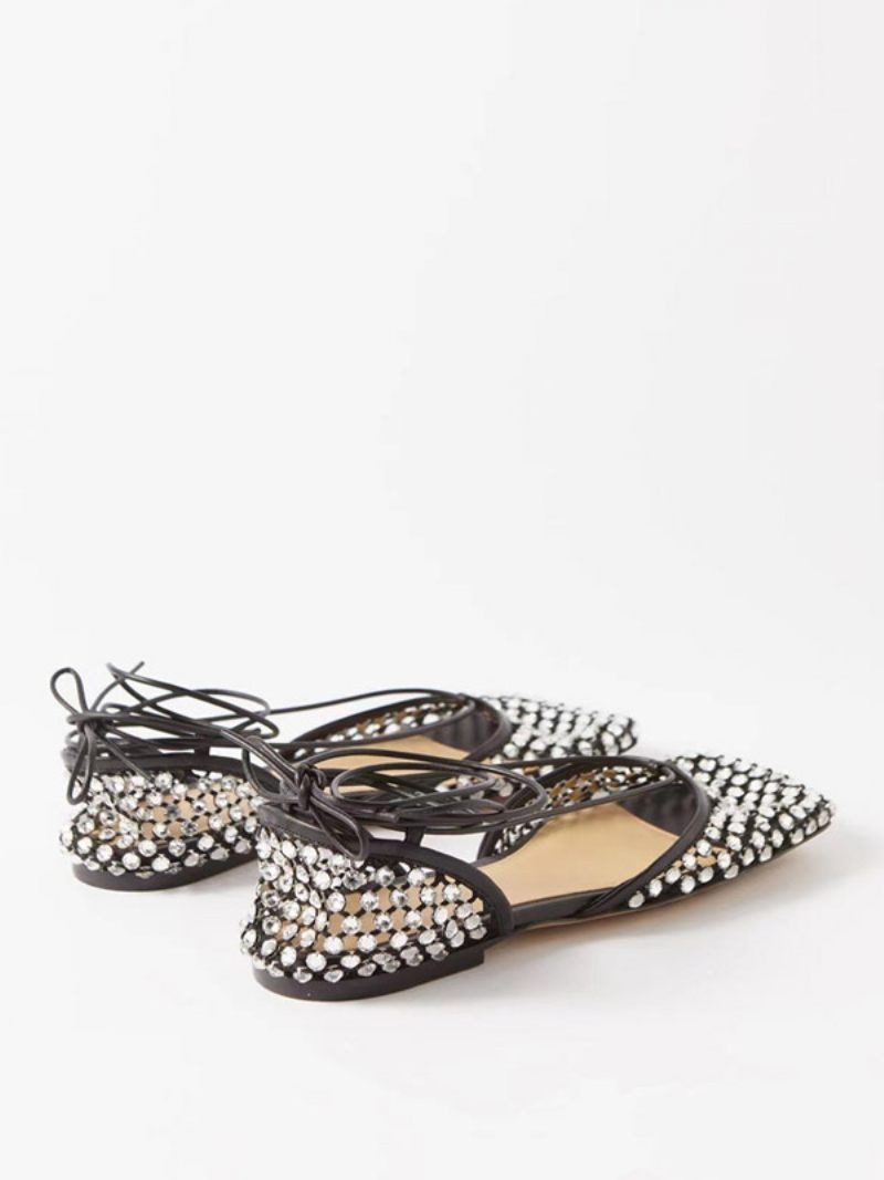 Sandales Plates Pour Femmes Avec Strass Chaussures Bal Fête À Lacets - Noir