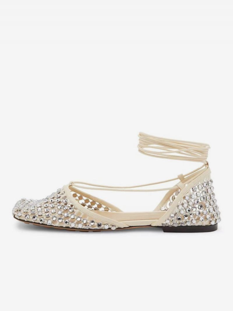 Sandales Plates Pour Femmes Avec Strass Chaussures Bal Fête À Lacets - Blanc