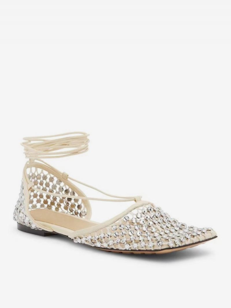 Sandales Plates Pour Femmes Avec Strass Chaussures Bal Fête À Lacets - Blanc