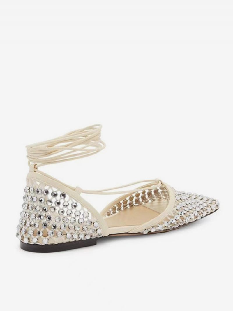 Sandales Plates Pour Femmes Avec Strass Chaussures Bal Fête À Lacets - Blanc