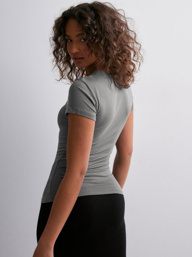 T-shirts À Manches Courtes Couleur Unie Haut Superposé Col Rond Pour Femmes - Gris Foncé