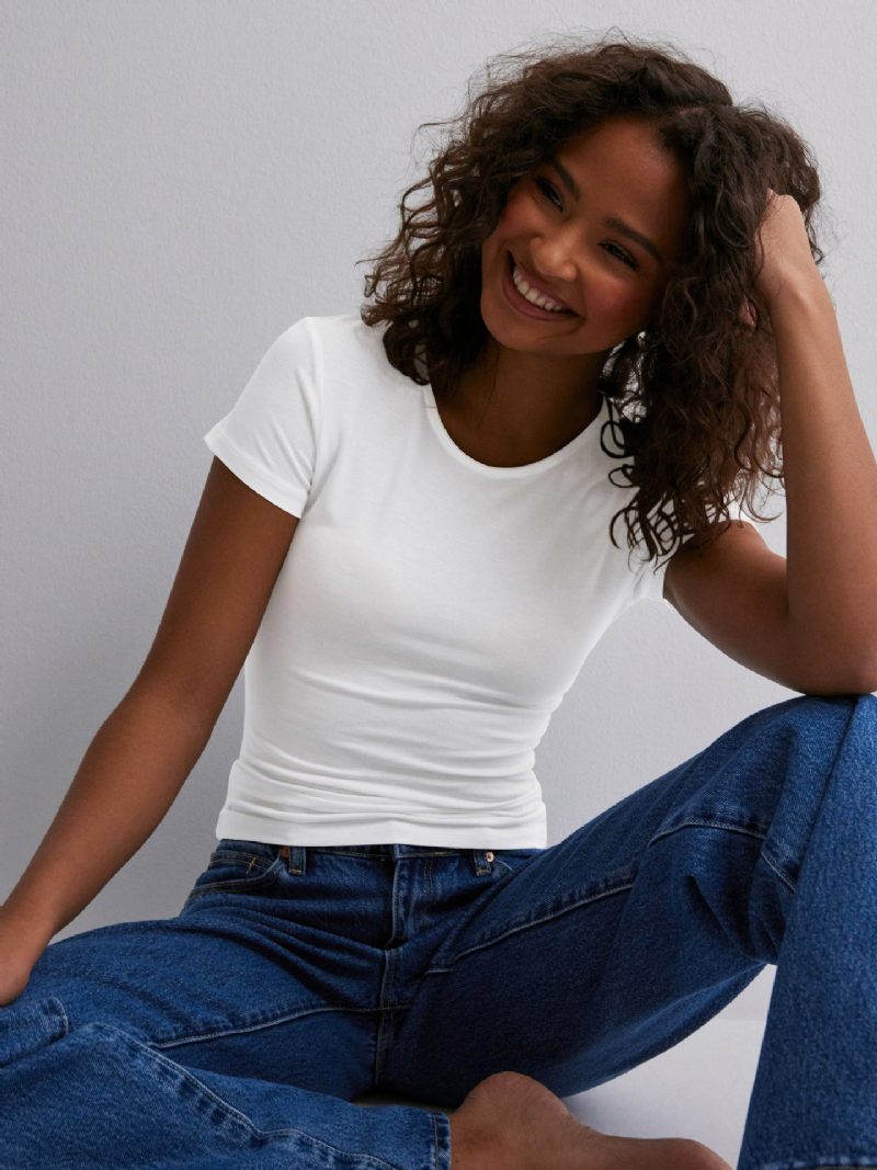 T-shirts À Manches Courtes Couleur Unie Haut Superposé Col Rond Pour Femmes - Blanc