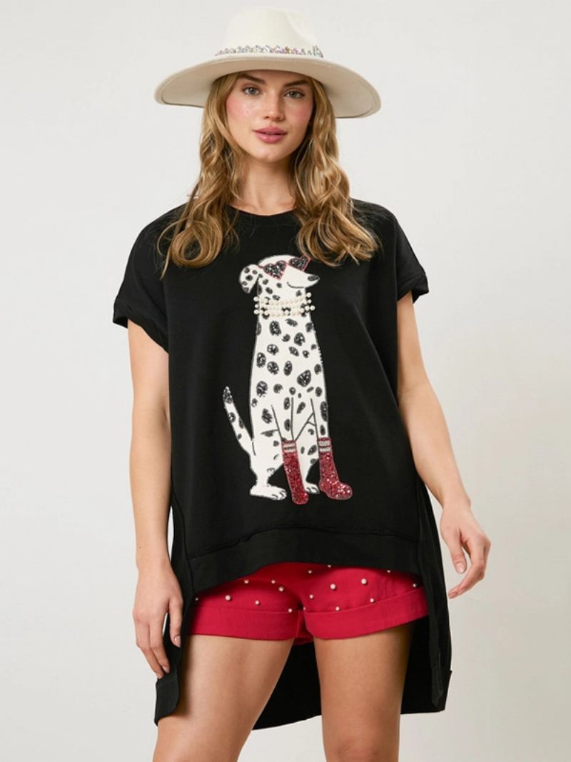 T-shirts Sans Manches Rose Imprimé Animal Floral Surdimensionné Paillettes Bijou Cou Polyester Femmes T-shirt - Noir