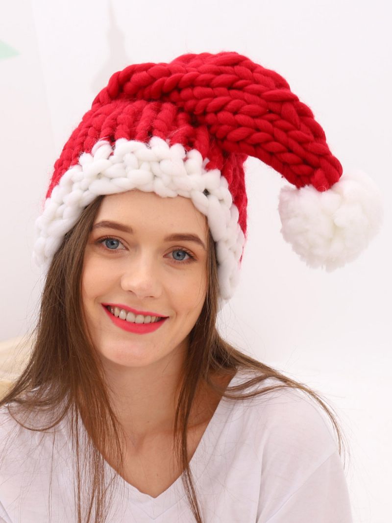 Bonnet Noël Avec Pompons Tricotés À La Main Pour Famille - Rouge