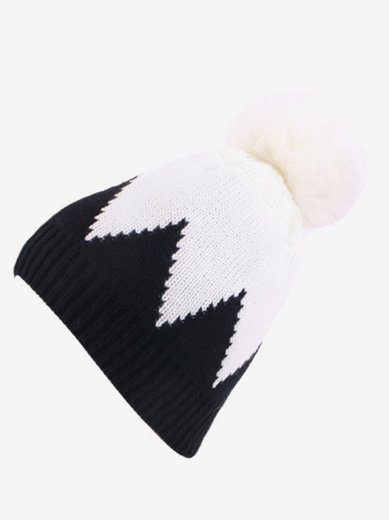 Bonnet Tricoté Pom Poms Casquettes Femme Pour Printemps Automne Hiver - Noir+Blanc