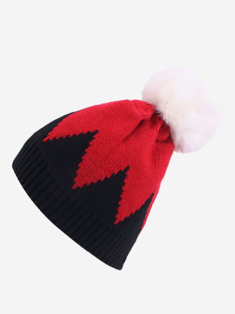 Bonnet Tricoté Pom Poms Casquettes Femme Pour Printemps Automne Hiver - Noir+Rouge