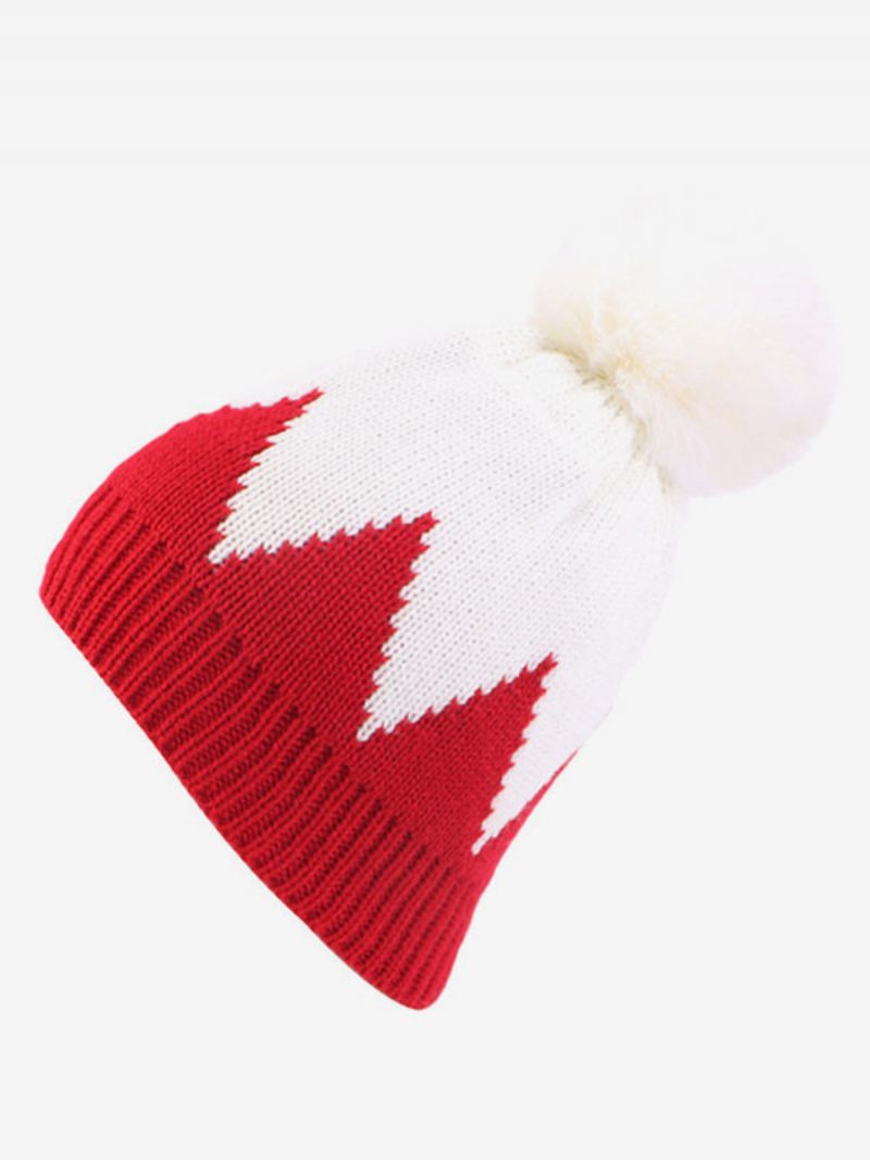 Bonnet Tricoté Pom Poms Casquettes Femme Pour Printemps Automne Hiver - Rouge+Blanc